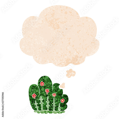 cartoon hedge and thought bubble in retro textured style