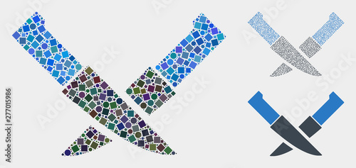 Mosaic Knife pair icon organized from round and square items in random sizes, positions and proportions. Vector spheric and square items are grouped into abstract mosaic knife pair icons.