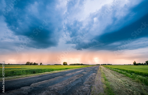 Impressive thunderstorm over a barley field in summer time. Dark storm clouds covering the rural landscape. Intense rain shower in distance. Motion created by windy weather.  © Viesturs