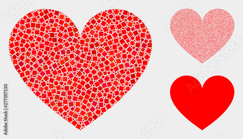 Mosaic Love heart icon designed from round and square elements in random sizes, positions and proportions. Vector round and square items are arranged into abstract mosaic love heart icons.