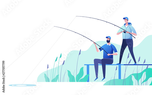 Fishermen at river bank. Fishing sport, outdoor summer vacation, leisure time. Vector illustration.