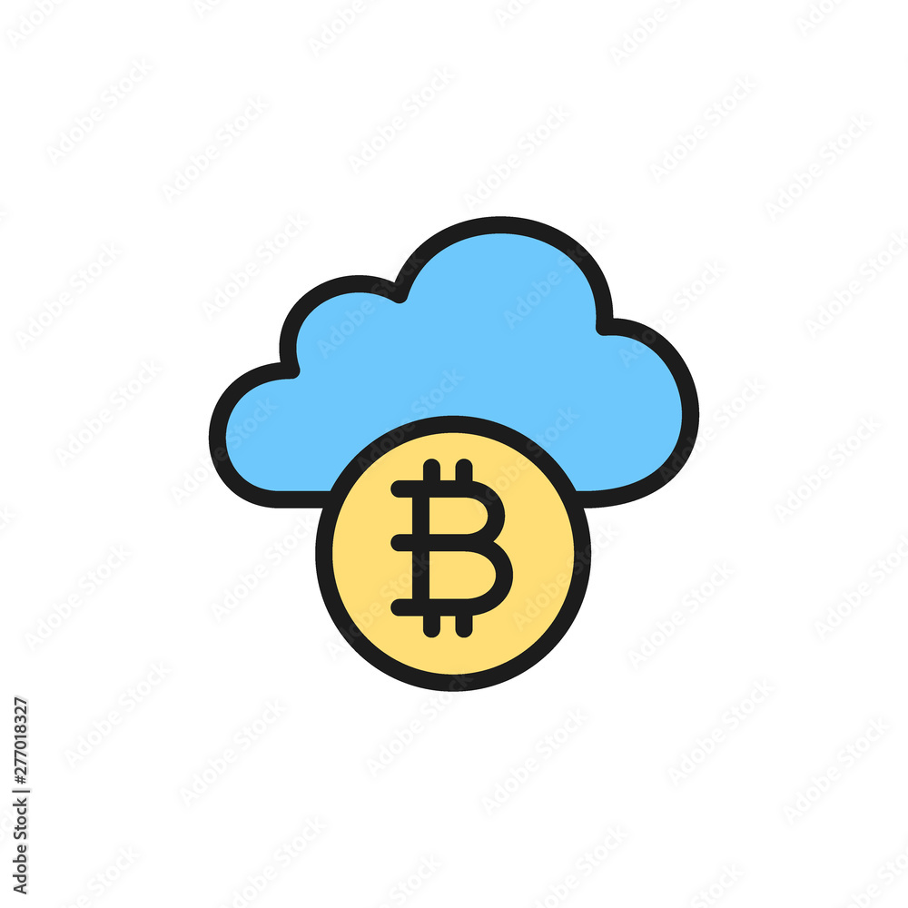 Cloud with bitcoin coin, cryptocurrency, blockchain flat color icon. Cloud with bitcoin coin, cryptocurrency, blockchain flat color icon.