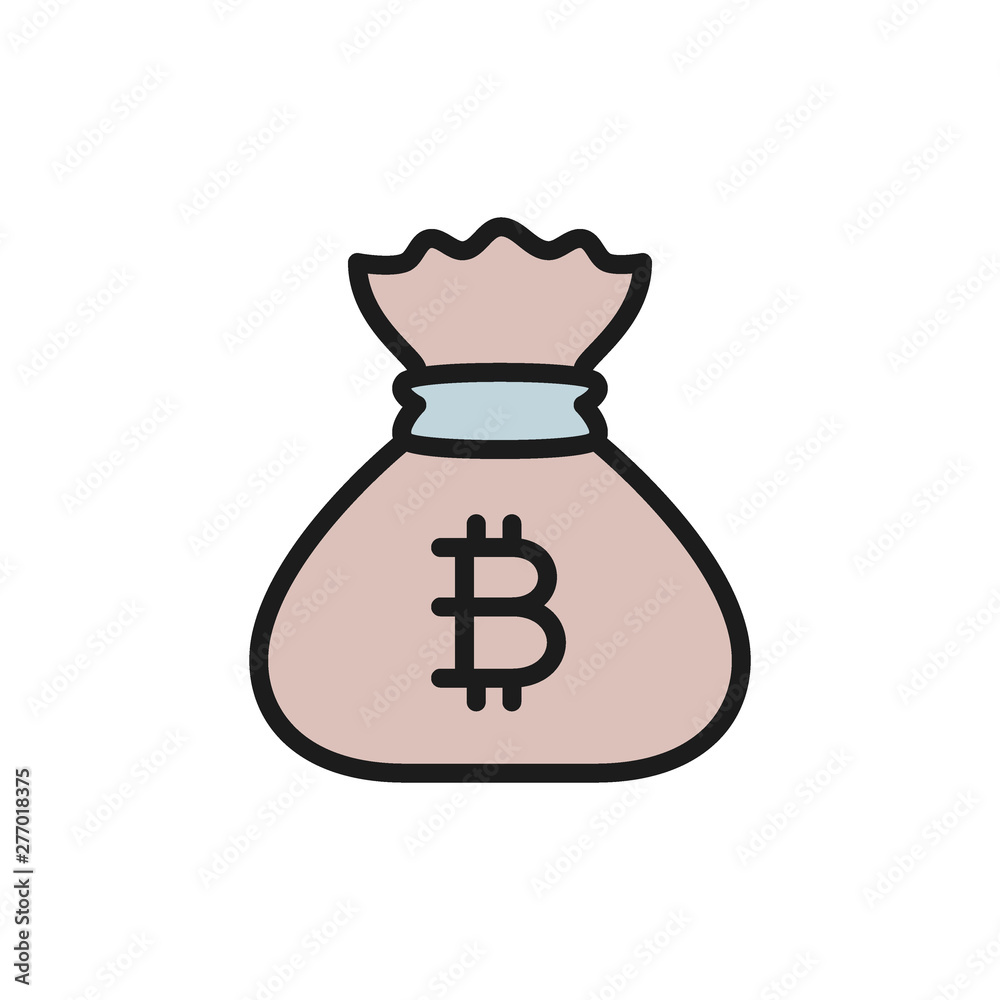 Bag with bitcoin sign, cryptocurrency flat color icon. Bag with bitcoin sign, cryptocurrency flat color icon.
