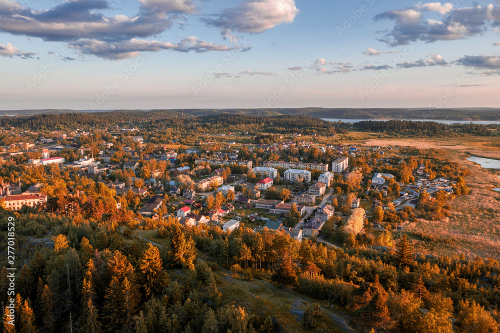 Scenic aerial view of small ancient touristic town Sortavala near Ladoga lake in Karelia. Beautiful summer sunny look of popular historic city on the North of Russian Federation