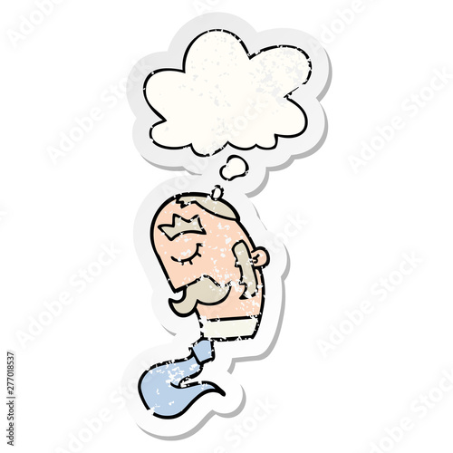 cartoon man with mustache and thought bubble as a distressed worn sticker