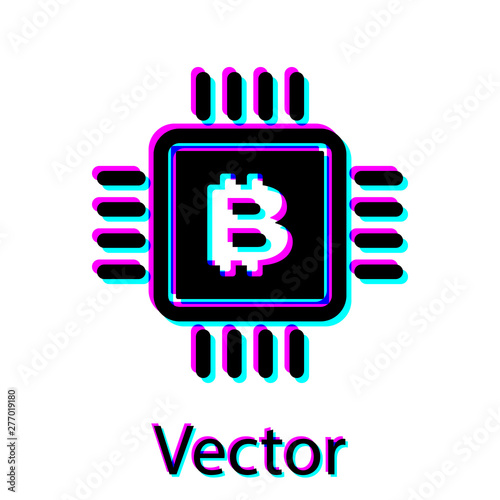 Black CPU mining farm icon isolated on white background. Bitcoin sign inside microchip. Cryptocurrency mining community. Digital money. Vector Illustration