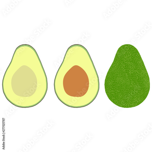 Set avocado in three types – whole in the skin, cut with bone, cut without bone. On white background. Vector illustration.