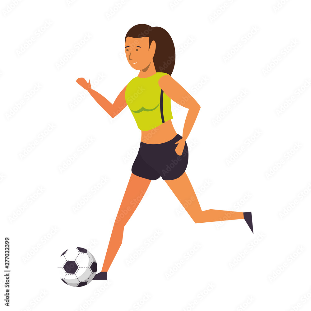 Woman playing with soccer ball isolated