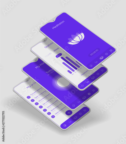 Trendy responsive Meditation, Relax and Mood Control UI with 3d smartphone mockups