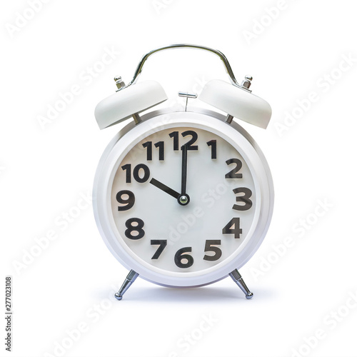 White alarm clock at 10 ten o'clock isolated on white background (clipping path):
