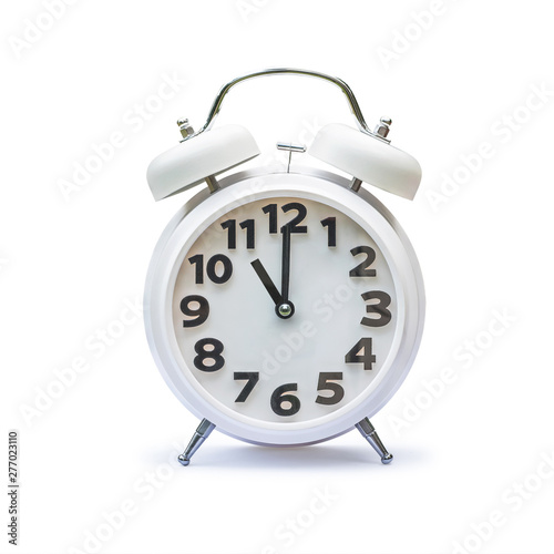 White alarm clock at 11 eleven o'clock isolated on white background (clipping path):