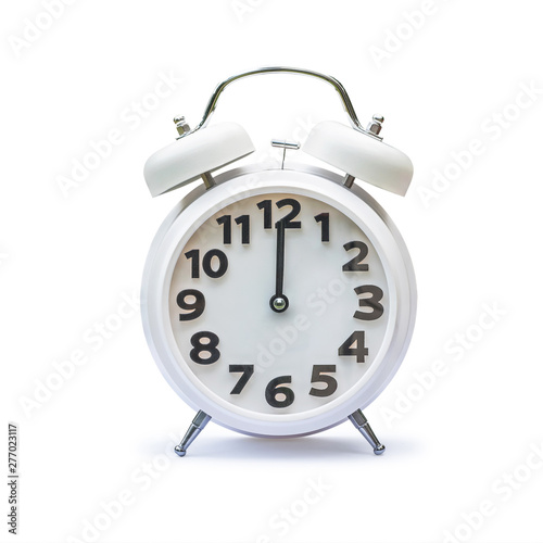 White alarm clock at 12.00 twelve o'clock, noon isolated on white background (clipping path)