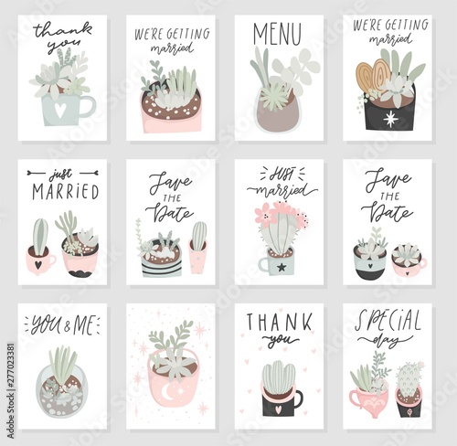 Big collection of 12 wedding invitation with succulents and cactuses. Wedding, marriage, save the date, baby shower, bridal, birthday, Valentine's day. Stylish simple design. Poster tamplate