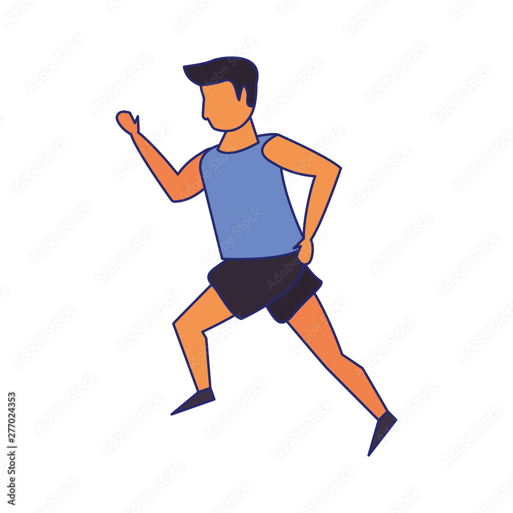 Fototapeta premium Fitness man running isolated cartoon blue lines