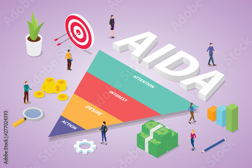 aida acronym of attention interest desire action business word with team people business with isometric modern flat style - vector