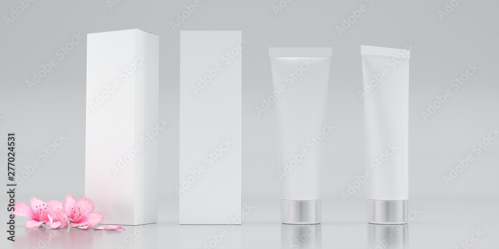 Cosmetic package serum and Serum box isolated on white background. Empty can packing. have a sakura blossoms in scene, 3d rendering. Cosmetic package serum and Serum box isolated on white background. Empty can packing. have a sakura blossoms in scene, 3d rendering.