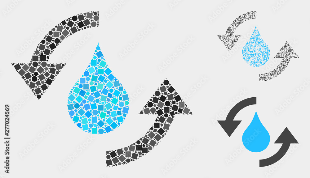 Collage Water refresh arrows icon constructed from circle and square items in various sizes, positions and proportions.