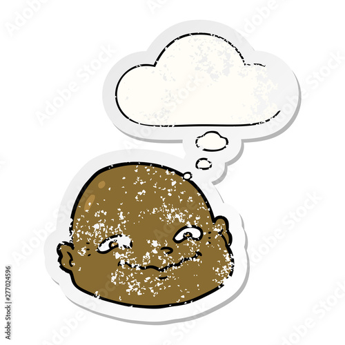 cartoon bald man and thought bubble as a distressed worn sticker
