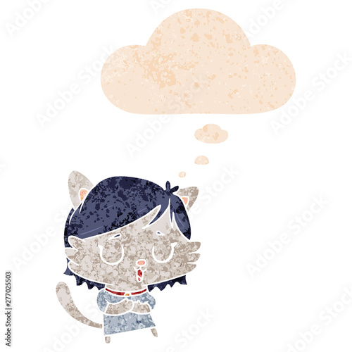 cartoon cat girl and thought bubble in retro textured style