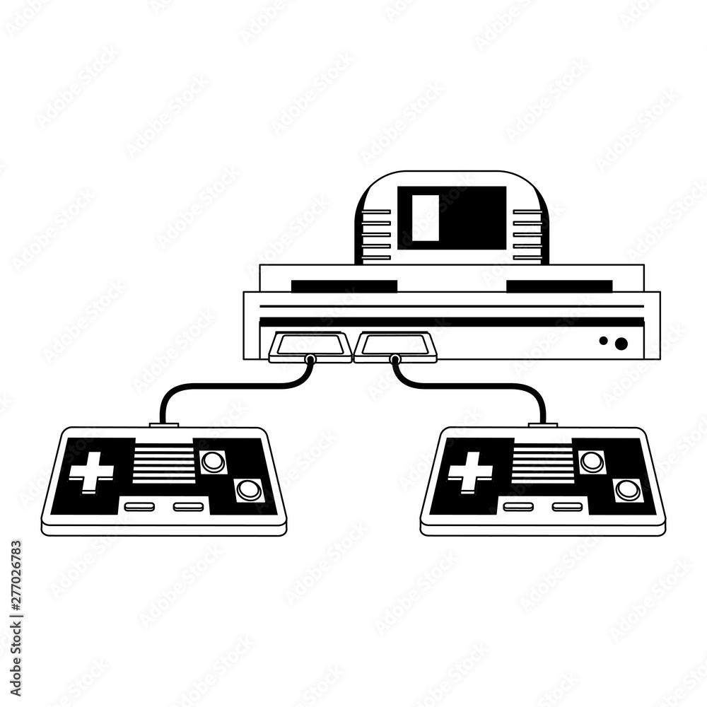Retro videogame console and gamepads in black and white Retro videogame console and gamepads in black and white