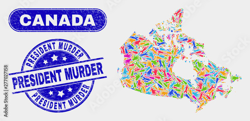 Construction Canada map and blue President Murder distress stamp. Colored vector Canada map mosaic of production elements. Blue rounded President Murder stamp. photo