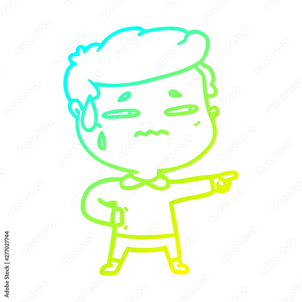 cold gradient line drawing cartoon anxious man pointing