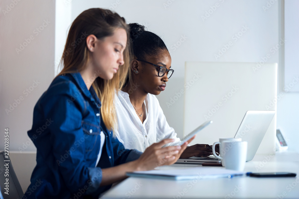 Two pretty young business women working with digital tablet and laptop in the office. Two pretty young business women working with digital tablet and laptop in the office.