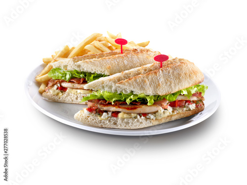 sándwich de lomo con verduras y patatas fritas , baguette por la  mitad sobre fondo blanco. tenderloin sandwich with vegetables and french fries , baguette in half on a white background.
