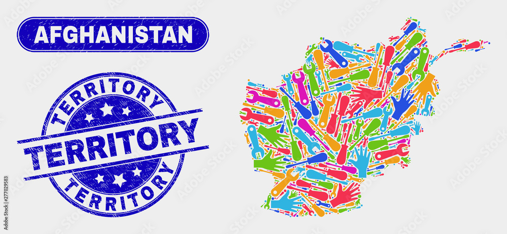 Service Afghanistan map and blue Territory textured seal stamp. Bright vector Afghanistan map mosaic of service parts. Blue round Territory stamp. Service Afghanistan map and blue Territory textured seal stamp. Bright vector Afghanistan map mosaic of service parts. Blue round Territory stamp.