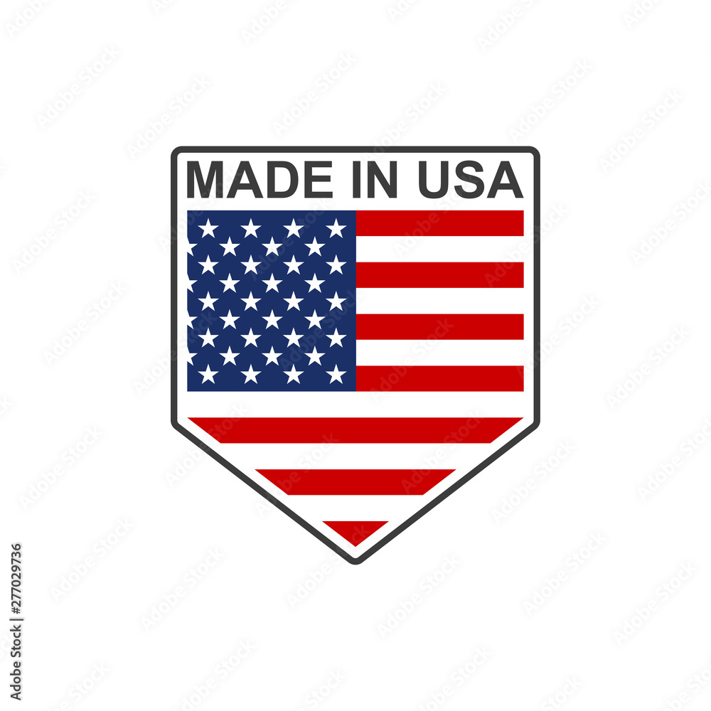 Made in USA badge or logo in the shape of a shield with American flag. Vector illustration. Made in USA badge or logo in the shape of a shield with American flag. Vector illustration.