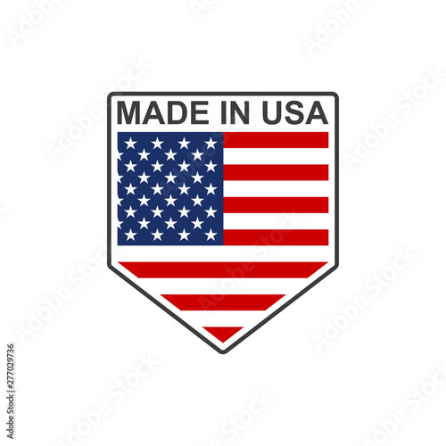 Made in USA badge or logo in the shape of a shield with American flag. Vector illustration.