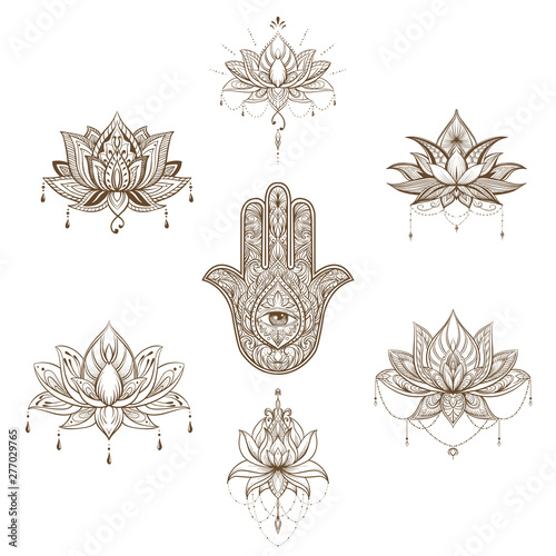 Filigree lotus flower set, vector handdrawn illustration