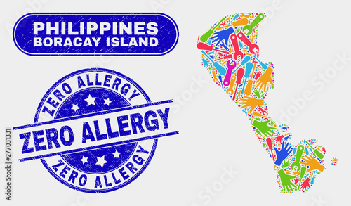 Assemble Boracay Island map and blue Zero Allergy scratched stamp. Colored vector Boracay Island map mosaic of repair components. Blue rounded Zero Allergy badge.