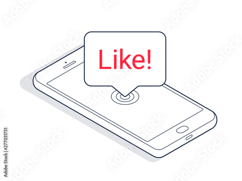 Isometric phone and banner with text banner "Like" isolated on white background. Isometric line art. Vector