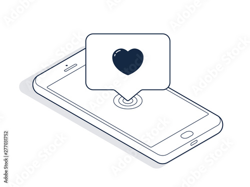 Isometric phone and banner with heart isolated on white background. Isometric line art. Vector 