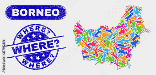 Foto Element Borneo map and blue Where? distress stamp