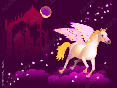 Fantasy illustration of Pegasus flying above the clouds in night sky. Cover for fairy-tale book. Background for poster with fairyland environment from ancient legends. Printable vector cartoon image.