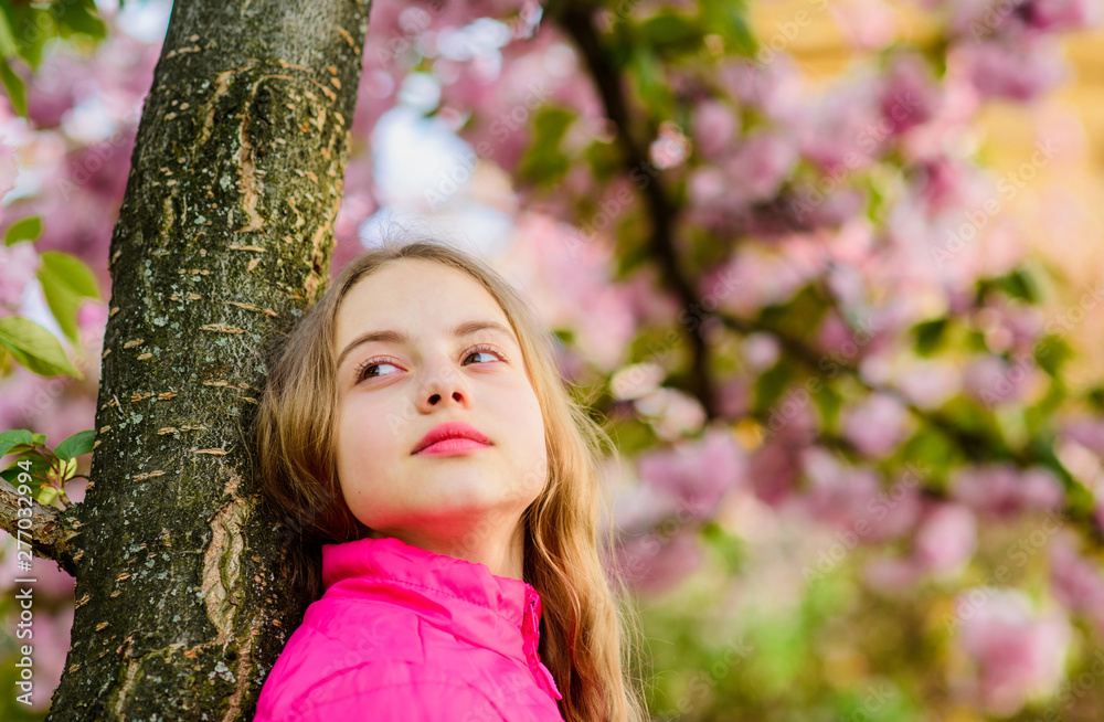 Small girl child in spring flower bloom. Enjoy smell of tender bloom. Sakura flower concept. Gorgeous flower and female beauty. Girl cherry flower background. Sakura tree blooming. Park and garden Small girl child in spring flower bloom. Enjoy smell of tender bloom. Sakura flower concept. Gorgeous flower and female beauty. Girl cherry flower background. Sakura tree blooming. Park and garden