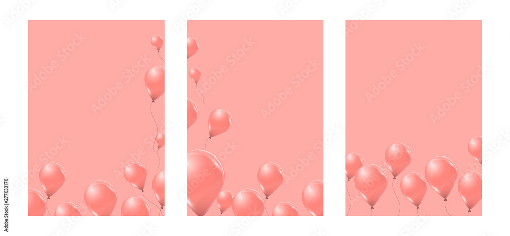 Set of vector pink helium balloons on pink background. Flying latex 3d ballons. 