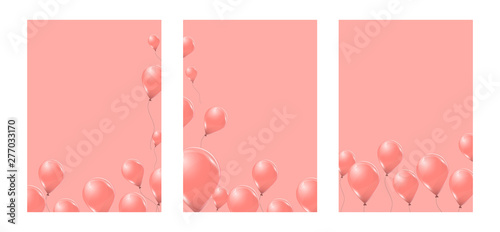 Set of vector pink helium balloons on pink background. Flying latex 3d ballons. 