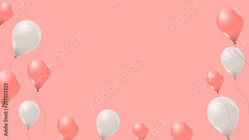 Vector pink and white helium balloons on pink background. Flying latex 3d ballons. 