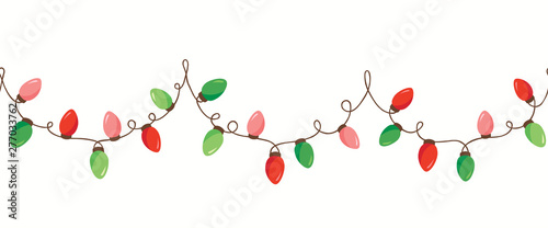 Vector Red Green Holiday Christmas New Year Intertwined String Lights Isolated Horizontal Seamless Border Background