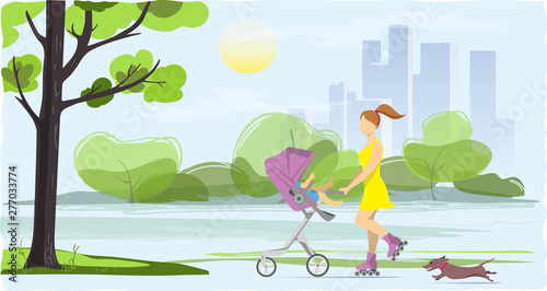 Young woman on roller skates with a baby in a stroller.Vector illustration cartoon clipart.