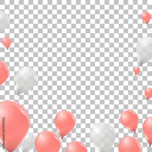 Vector pink and white helium balloons isolated on transparent background. Flying latex 3d ballons. 