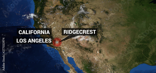 Fototapeta Naklejka Na Ścianę i Meble -  Extremely detailed and realistic high resolution illustration of an Earthquake in Ridgecrest California. Map shot from space. Elements of this image are furnished by Nasa.