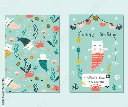 Set of funny birthday invitation cards with cat mermaid. Kids fantasy party cards. Vector hand drawn illustration.