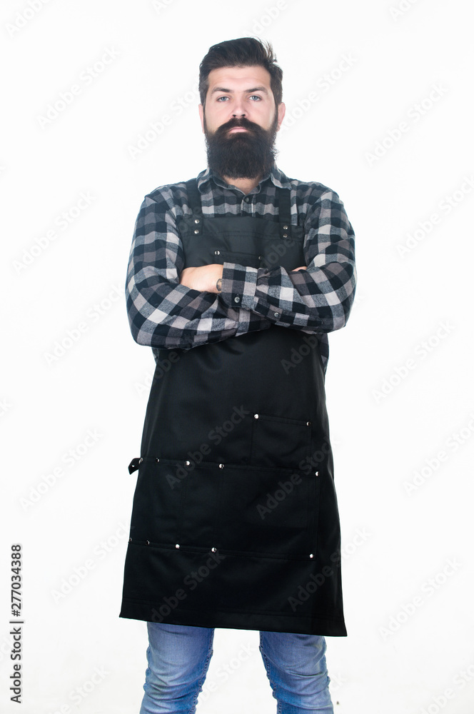 Deep thinker. Self employed worker keeping his arms crossed. Confident man worker or employee. Grill worker wearing barbecue apron. Barbershop or hair salon worker. Barber or cooker in work apron Deep thinker. Self employed worker keeping his arms crossed. Confident man worker or employee. Grill worker wearing barbecue apron. Barbershop or hair salon worker. Barber or cooker in work apron
