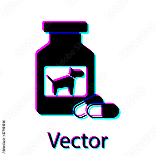 Black Dog medicine bottle and pills icon isolated on white background. Container with pills. Prescription medicine for animal. Vector Illustration