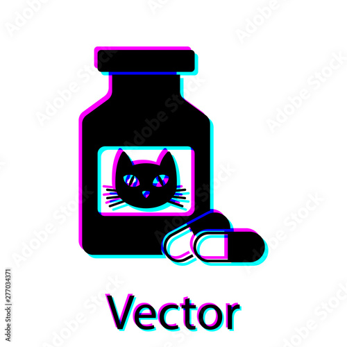 Black Cat medicine bottle and pills icon isolated on white background. Container with pills. Prescription medicine for animal. Vector Illustration