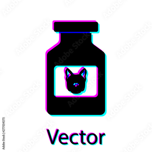 Black Dog medicine bottle icon isolated on white background. Container with pills. Prescription medicine for animal. Vector Illustration